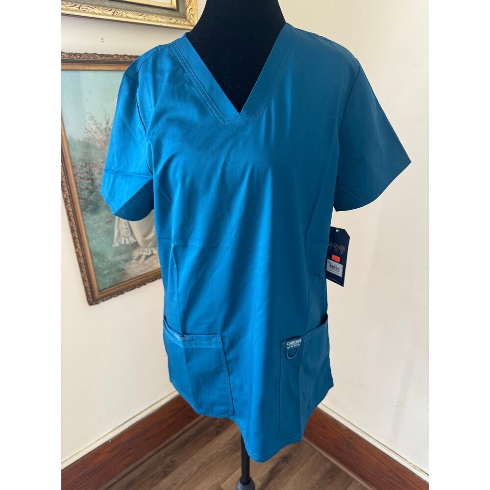 NWT Cherokee Workwear Revolution Scrub Top Teal Blue S Stretch